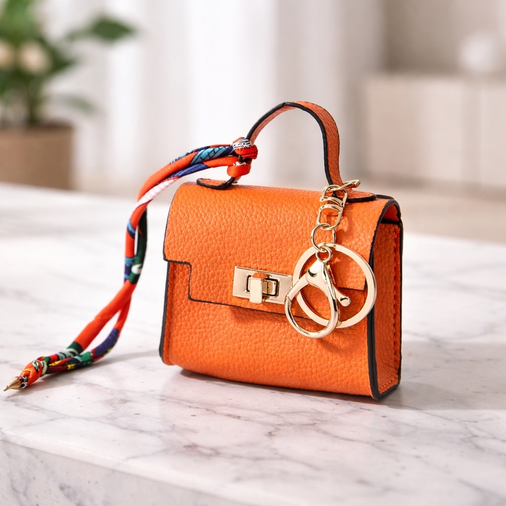Orange Mini Purse Keychain | Faux Leather Bag Charm | Gold Hardware